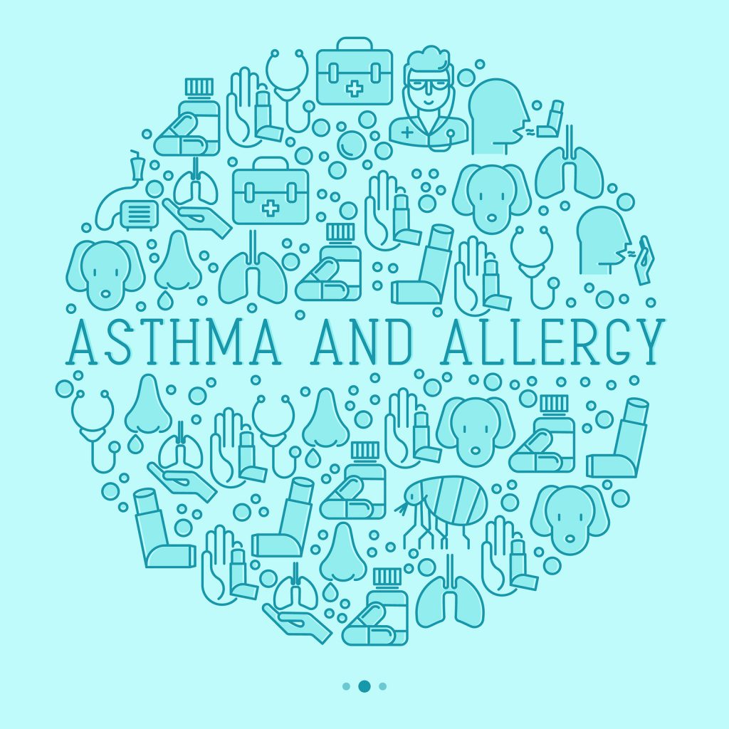 Asthma and allergy concept in circle, thin line icons with allergy symptoms and the most common allergens. Forest Medical Spirometer Calibration