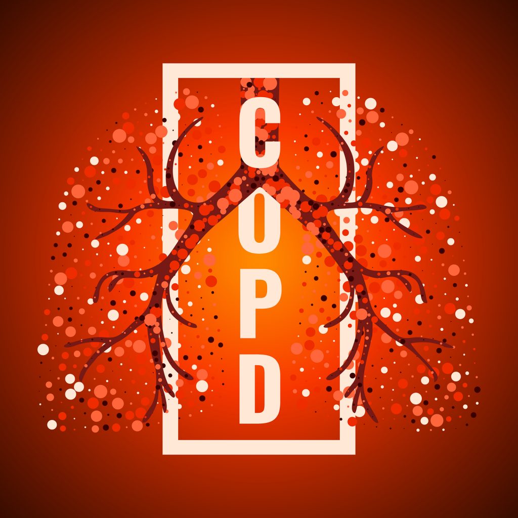 COPD awareness frame poster with lungs filled with air bubbles on red background. Forest Medical Spirometer Calibration